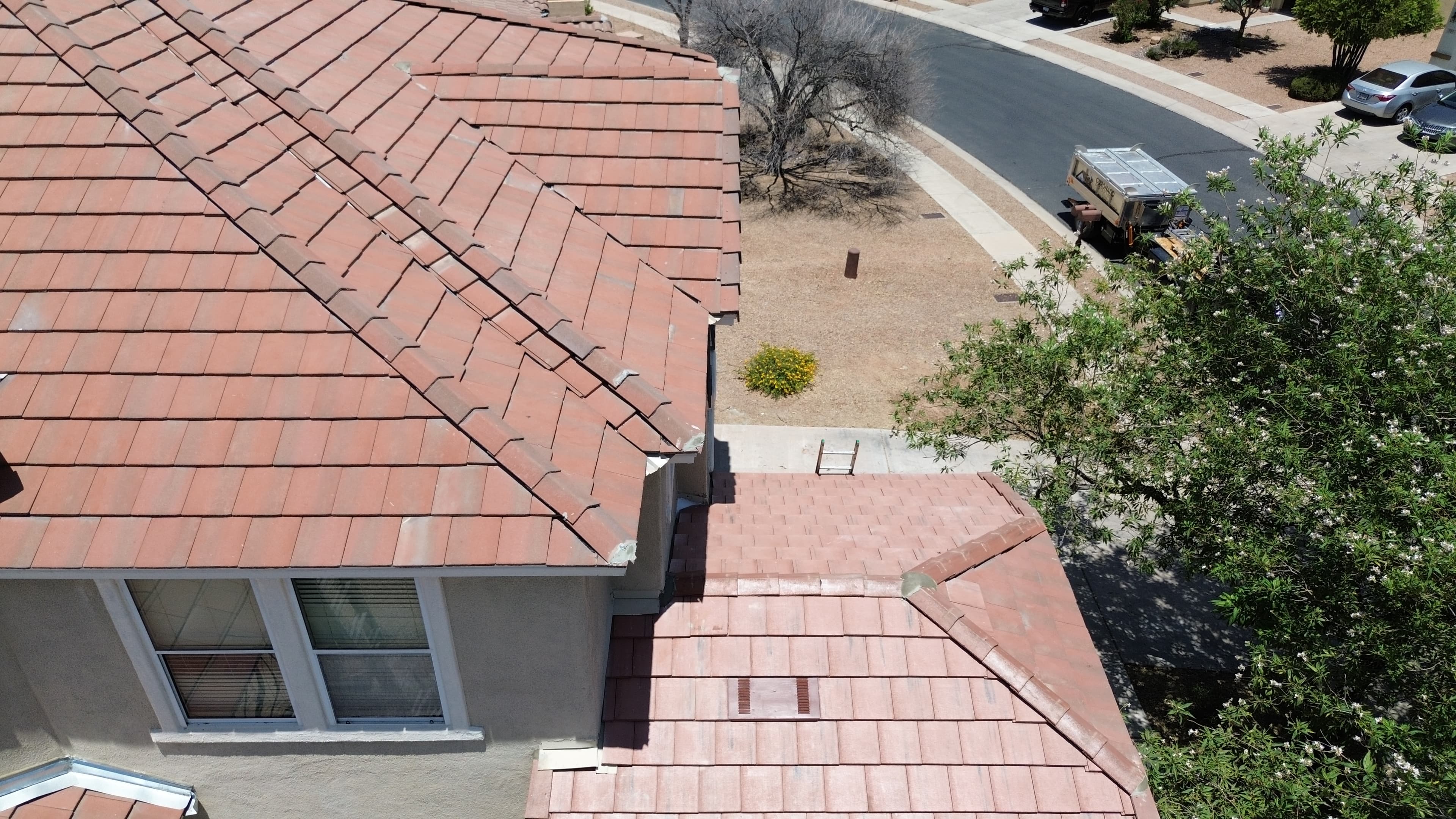 Drone aerial of finished concrete tile re-roof in Continental Ranch, Marana